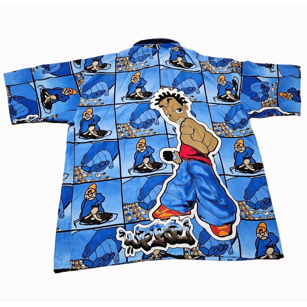 Vtg 90s Y2K  UP RO'S Allover Print Shirt Hip Hop DJ Urban Artist Rap Graffiti XL - Picture 6 of 16